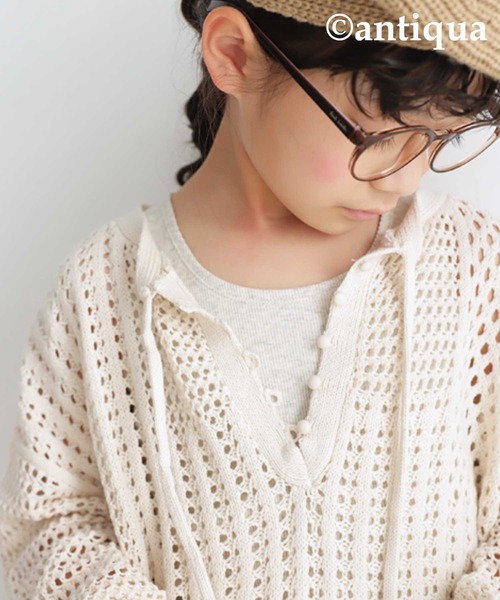 antiqua（アンティカ）の「タッセル紐付き透かし編みニット（ニット/セーター・キッズ・ベージュ/ライトグリーン・4/3/5）」の6枚目の写真