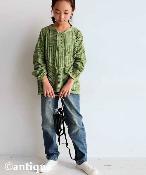 antiqua（アンティカ）の「タッセル紐付き透かし編みニット（ニット/セーター・キッズ・ベージュ/ライトグリーン・4/3/5）」の18枚目の写真
