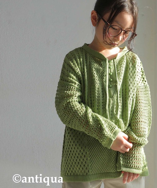 antiqua（アンティカ）の「タッセル紐付き透かし編みニット（ニット/セーター・キッズ・ベージュ/ライトグリーン・4/3/5）」の21枚目の写真