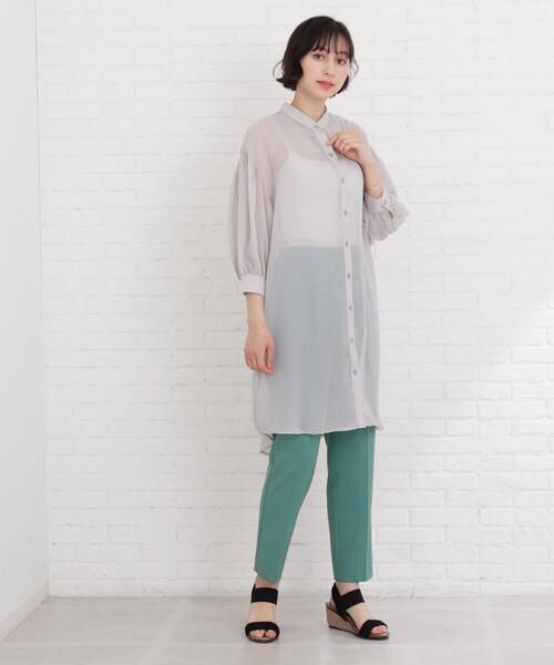 Cutie Blonde（キューティーブロンド）の「◆【S-L】シアーバンドカラーワンピース（ワンピース・レディース・ライトグレー/ブラック/黄緑系・01/02/03）」の14枚目の写真