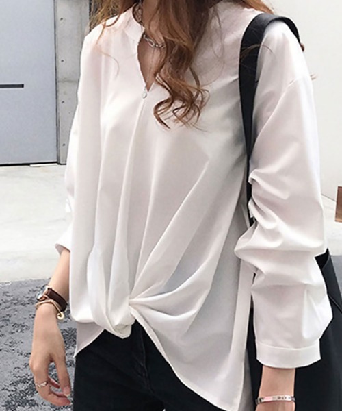 Amulet（アミュレット）の「長袖タックトップス（シャツ/ブラウス・レディース・ホワイト/ネイビー/グリーン・M/L/XL）」の4枚目の写真