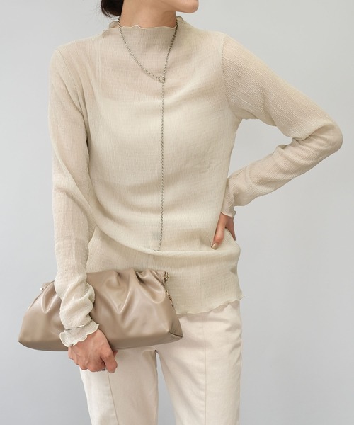 ANDJ(アンドジェイ)の「【2022/AW】楊柳プリーツシアートップス(Tシャツ/カットソー・レディース・ブラック/ブラウン/アイボリー・M)」の1枚目の写真