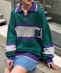 【Snap club】ワッペン刺繍 襟付きハーフジップニット