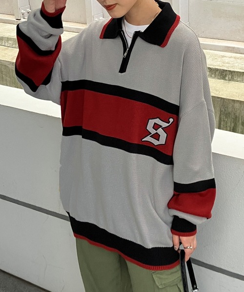 Snap club（スナップクラブ）の「【Snap club】ワッペン刺繍 襟付きハーフジップニット（ニット/セーター・メンズ・イエロー/パープル/グリーン/ライトグレー/ブラック・M/L）」の8枚目の写真