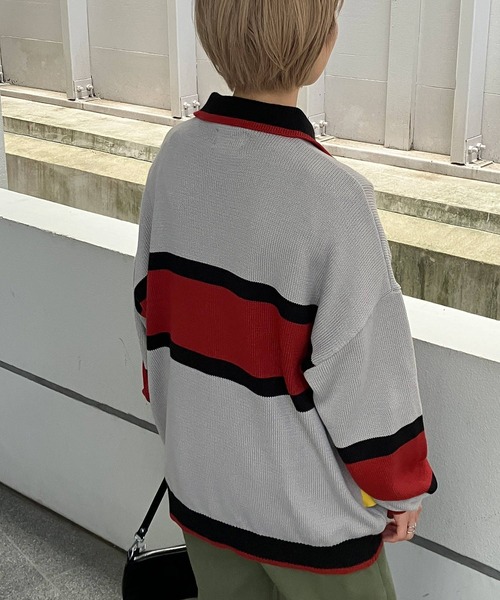 Snap club（スナップクラブ）の「【Snap club】ワッペン刺繍 襟付きハーフジップニット（ニット/セーター・メンズ・イエロー/パープル/グリーン/ライトグレー/ブラック・M/L）」の10枚目の写真