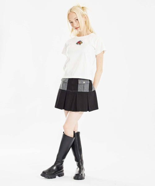 X-girl（エックスガール）の「JERSEY WOVEN MINI SKIRT（スカート・レディース・インディゴブルー/ベージュ/ブラック・XS/M/S）」の8枚目の写真