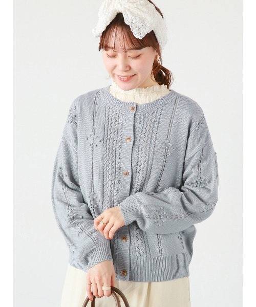 ehka sopo（エヘカソポ）の「ポンポン透かし編みカーディガン（カーディガン/ボレロ・レディース・イエロー/キナリ/グリーン/サックスブルー・ﾌﾘ-）」の4枚目の写真