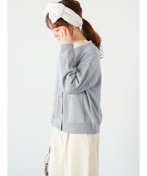 ehka sopo（エヘカソポ）の「ポンポン透かし編みカーディガン（カーディガン/ボレロ・レディース・イエロー/キナリ/グリーン/サックスブルー・ﾌﾘ-）」の16枚目の写真