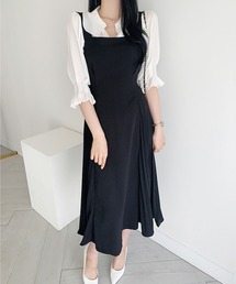 サロペットプリーツロングワンピース