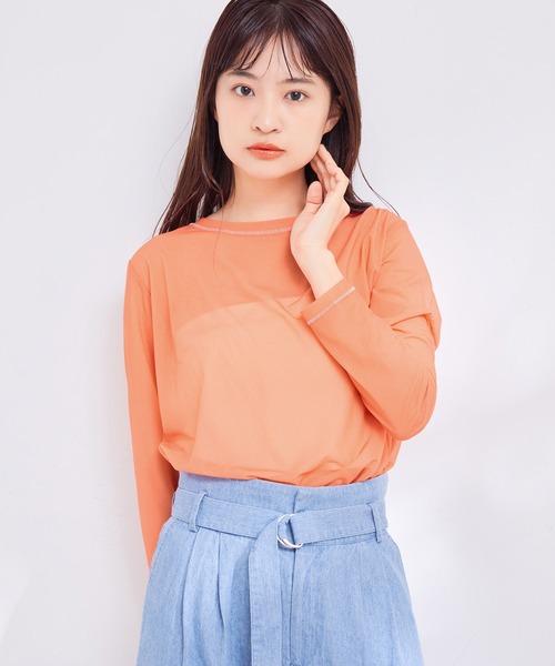 VIS(ビス)の「【洗える】クルーネックシアーロングTシャツ(Tシャツ/カットソー・レディース・ブラック/オフホワイト/オレンジ系その他・FREE)」の4枚目の写真
