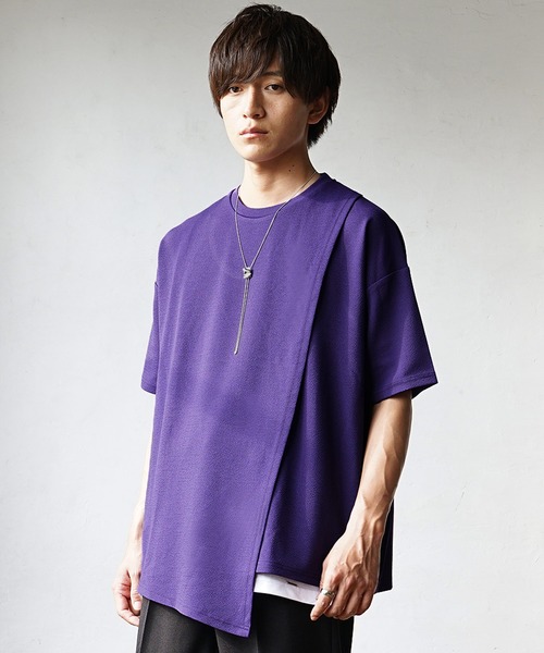 MinoriTY(マイノリティ)の「【MinoriTY】さらさら梨地素材アシメトリーカットワークアンサンブル 半袖Tシャツ+タンクトップ メンズ 夏服【2枚セット】(アンサンブル・メンズ・グリーン/ブラック/パープル・L/M/S)」の1枚目の写真