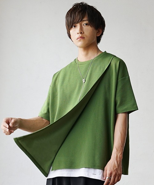 MinoriTY(マイノリティ)の「【MinoriTY】さらさら梨地素材アシメトリーカットワークアンサンブル 半袖Tシャツ+タンクトップ メンズ 夏服【2枚セット】(アンサンブル・メンズ・グリーン/ブラック/パープル・L/M/S)」の3枚目の写真