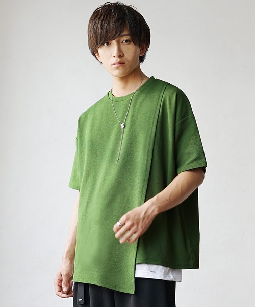 MinoriTY(マイノリティ)の「【MinoriTY】さらさら梨地素材アシメトリーカットワークアンサンブル 半袖Tシャツ+タンクトップ メンズ 夏服【2枚セット】(アンサンブル・メンズ・グリーン/ブラック/パープル・L/M/S)」の8枚目の写真