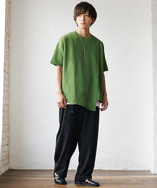 MinoriTY(マイノリティ)の「【MinoriTY】さらさら梨地素材アシメトリーカットワークアンサンブル 半袖Tシャツ+タンクトップ メンズ 夏服【2枚セット】(アンサンブル・メンズ・グリーン/ブラック/パープル・L/M/S)」の11枚目の写真
