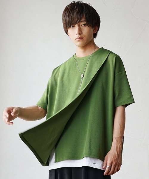 MinoriTY(マイノリティ)の「【MinoriTY】さらさら梨地素材アシメトリーカットワークアンサンブル 半袖Tシャツ+タンクトップ メンズ 夏服【2枚セット】(アンサンブル・メンズ・グリーン/ブラック/パープル・L/M/S)」の9枚目の写真