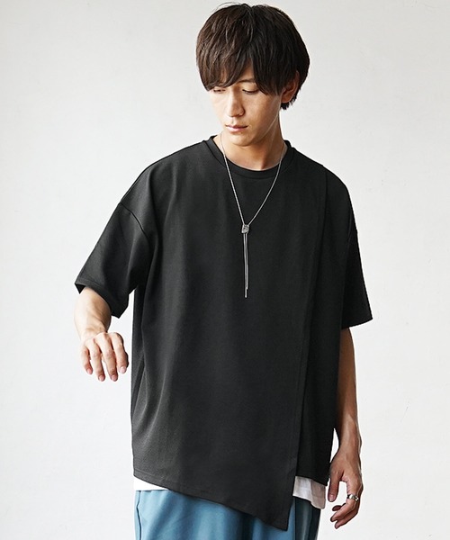MinoriTY(マイノリティ)の「【MinoriTY】さらさら梨地素材アシメトリーカットワークアンサンブル 半袖Tシャツ+タンクトップ メンズ 夏服【2枚セット】(アンサンブル・メンズ・グリーン/ブラック/パープル・L/M/S)」の5枚目の写真