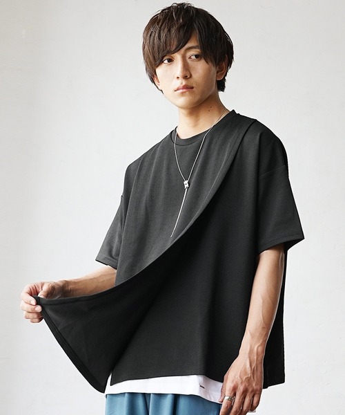 MinoriTY(マイノリティ)の「【MinoriTY】さらさら梨地素材アシメトリーカットワークアンサンブル 半袖Tシャツ+タンクトップ メンズ 夏服【2枚セット】(アンサンブル・メンズ・グリーン/ブラック/パープル・L/M/S)」の4枚目の写真