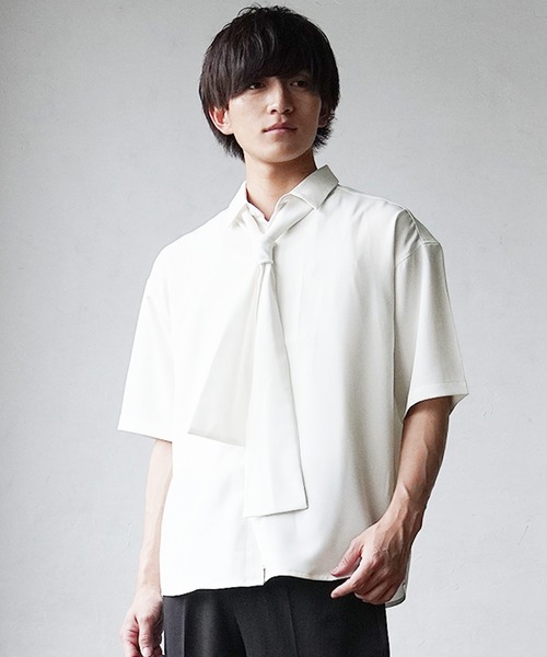 MinoriTY（マイノリティ）の「【MinoriTY】ルーズサイズタイ付き半袖シャツ メンズ オーバーサイズ ルーズシルエット（シャツ/ブラウス・メンズ・ホワイト/ブラック/グレー・M/L）」の4枚目の写真