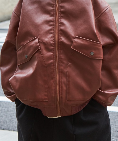 【今週限り値下げ中】赤 レザー ジャケット ボンバージャケット ジッパーポケット PAIRMANON STREET】フェイクレザー ボンバー ジャケット アウター