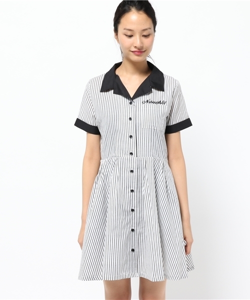 WEGO（ウィゴー）の「WEGO/ボーリングシャツワンピース（シャツワンピース・レディース・ホワイト/ブラック系その他・FREE）」の3枚目の写真