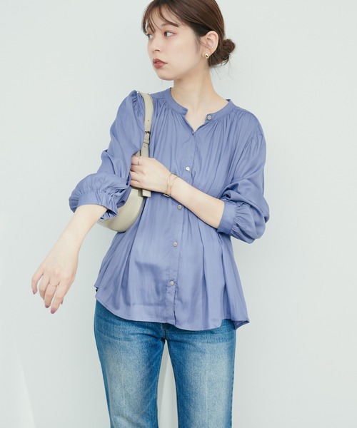 イエナ／アイロン不要／マットサテンとろみチュニックロングブラウス グレー WEB限定】ペプラムロングスリーブチュニックブラウス