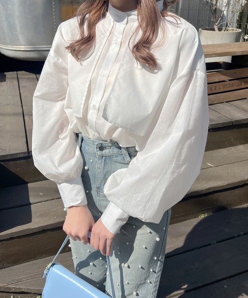 Ambre Ciel(アンブルシエル)の「ケープバンドカラーシャツ/【WEB/EC限定商品】(シャツ/ブラウス・レディース・ダークブラウン/オフホワイト・FREE)」の1枚目の写真