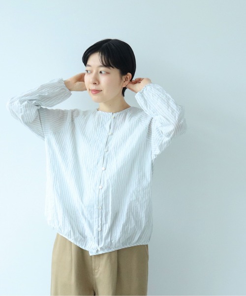 PAR ICI（パーリッシィ）の「ナチュラルトリプルワッシャー/ストライプ ボタンブラウス（シャツ/ブラウス・レディース・ホワイト/ネイビー/サックスブルー・FREE）」の3枚目の写真