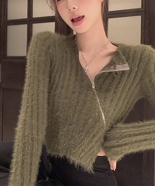 gossip!ロサンゼルス(ゴシップロサンゼルス)の「ショートななめファスナーカーディガン(カーディガン/ボレロ・レディース・ホワイト/カーキ/ブラック・FREE)」の9枚目の写真