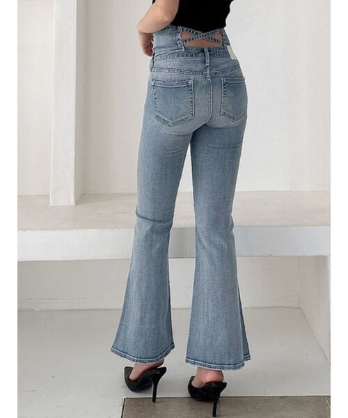 【美品】GYDA ハイウエストbackクロスフレアパンツ インディゴブルー NEWハイウエストBACKクロスフレアパンツ[品番：MKSW0062669