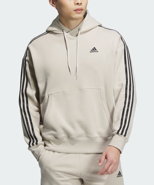 adidas（アディダス）の「エッセンシャルズ プラス ルーズフィット スリーストライプス フレンチテリー プルオーバーパーカー / アディダス adidas（パーカー・メンズ・グレー/ブルー/ブラック/グリーン/ネイビー/ベージュ・XX-SMALL/X-SMALL/XX-LARGE/3XL/LARGE/MEDIUM/SMALL/X-LARGE）」の4枚目の写真