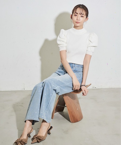 MOCOA'S（モコアズ）の「パワショルハーフスリーブニット（ニット/セーター・レディース・パープル/ホワイト/ブラック・FREE）」の6枚目の写真