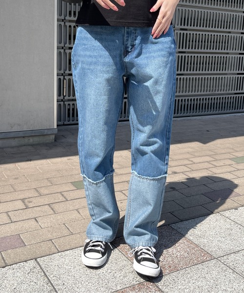 Meli rich（メリーリッチ）の「ロールアップ風切替ストレートデニムパンツ（デニムパンツ・レディース・ブラック/ブルー・MEDIUM）」の4枚目の写真