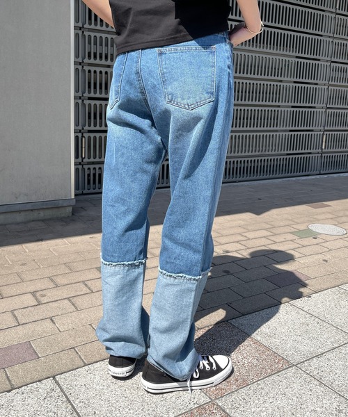 Meli rich（メリーリッチ）の「ロールアップ風切替ストレートデニムパンツ（デニムパンツ・レディース・ブラック/ブルー・MEDIUM）」の6枚目の写真