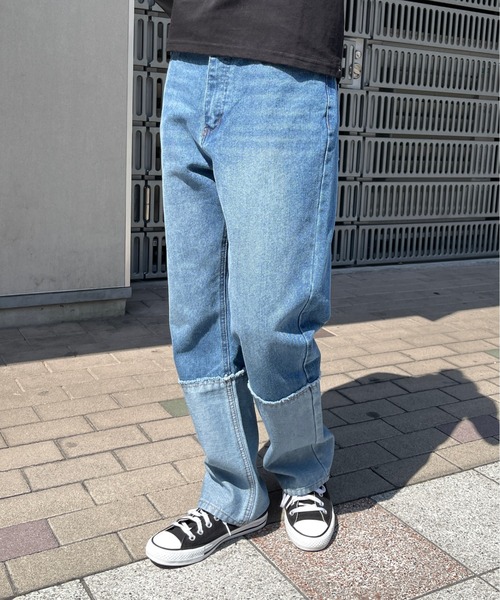 Meli rich（メリーリッチ）の「ロールアップ風切替ストレートデニムパンツ（デニムパンツ・レディース・ブラック/ブルー・MEDIUM）」の7枚目の写真