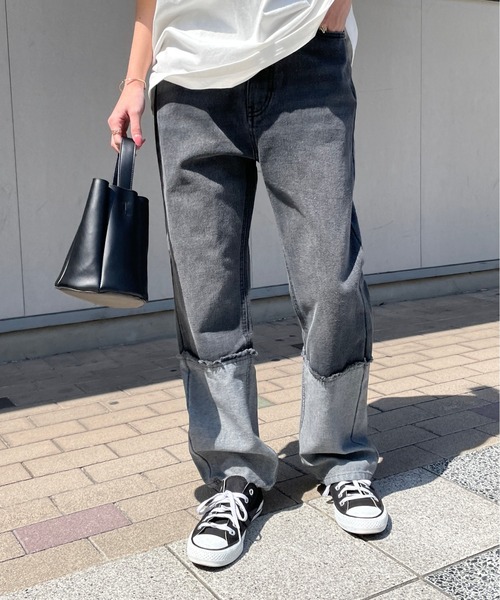 Meli rich（メリーリッチ）の「ロールアップ風切替ストレートデニムパンツ（デニムパンツ・レディース・ブラック/ブルー・MEDIUM）」の15枚目の写真