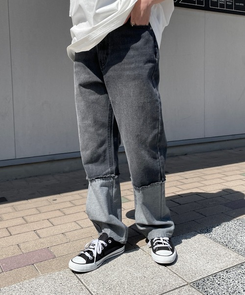 Meli rich（メリーリッチ）の「ロールアップ風切替ストレートデニムパンツ（デニムパンツ・レディース・ブラック/ブルー・MEDIUM）」の16枚目の写真