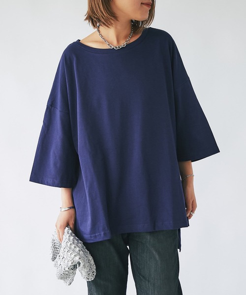 un dix cors（アンディコール）の「シルケット風ビックスリットプルオーバー（Tシャツ/カットソー・レディース・オフホワイト/ネイビー・FREE）」の2枚目の写真