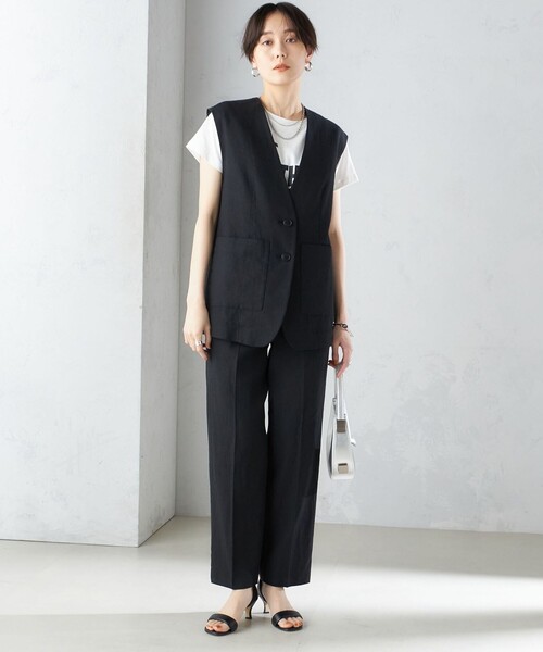 美品✨SHIPS シップス <手洗い可能>コットンリネンノーカラージレ 黒 SHIPS（シップス）の「〈手洗い可能〉コットン リネン ノー