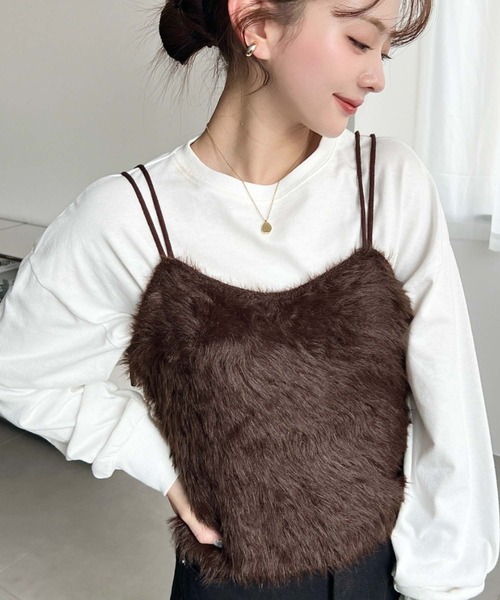 moment+（モーメントプラス）の「Wストラップロングフェザーニットビスチェ（キャミソール・レディース・グレー/ブラック/アイボリー/ミント/ピンク/レッド/モカ/ブラウン・L/M）」の4枚目の写真