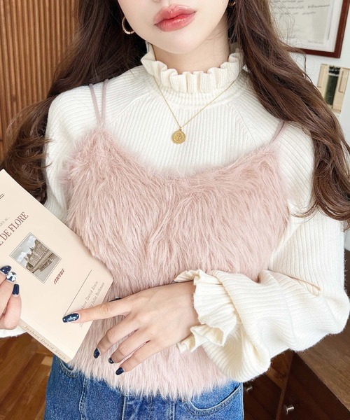 新品未使用　NOBLE ♡フェザーニットビスチェ♡ moment+ キャミソール ラメフェザーフロントWジップニット