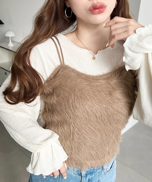 moment+（モーメントプラス）の「Wストラップロングフェザーニットビスチェ（キャミソール・レディース・グレー/ブラック/アイボリー/ミント/ピンク/レッド/モカ/ブラウン・L/M）」の5枚目の写真