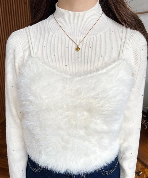 moment+（モーメントプラス）の「Wストラップロングフェザーニットビスチェ（キャミソール・レディース・グレー/ブラック/アイボリー/ミント/ピンク/レッド/モカ/ブラウン・L/M）」の10枚目の写真