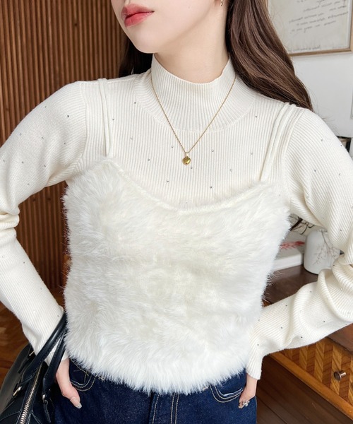 moment+（モーメントプラス）の「Wストラップロングフェザーニットビスチェ（キャミソール・レディース・グレー/ブラック/アイボリー/ミント/ピンク/レッド/モカ/ブラウン・L/M）」の20枚目の写真