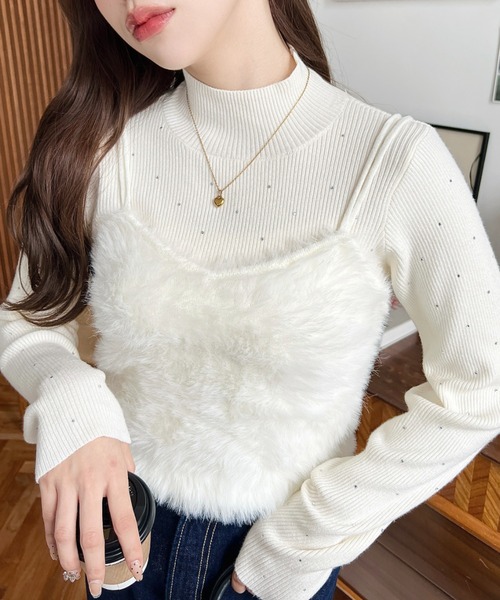 moment+（モーメントプラス）の「Wストラップロングフェザーニットビスチェ（キャミソール・レディース・グレー/ブラック/アイボリー/ミント/ピンク/レッド/モカ/ブラウン・L/M）」の19枚目の写真