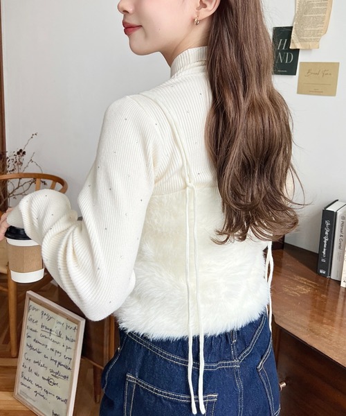 moment+（モーメントプラス）の「Wストラップロングフェザーニットビスチェ（キャミソール・レディース・グレー/ブラック/アイボリー/ミント/ピンク/レッド/モカ/ブラウン・L/M）」の9枚目の写真