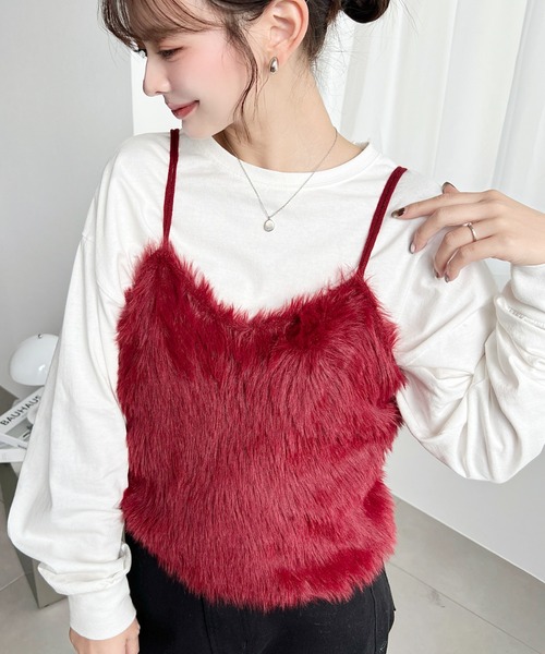 セール】Wストラップロングフェザーニットビスチェ（キャミソール