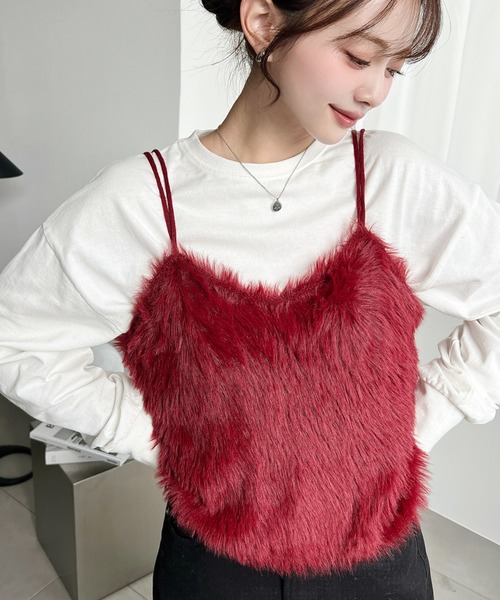 セール】ロングフェザーWストラップニットビスチェ（キャミソール