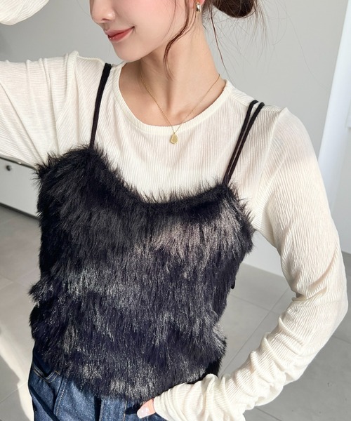 セール】Wストラップロングフェザーニットビスチェ（キャミソール