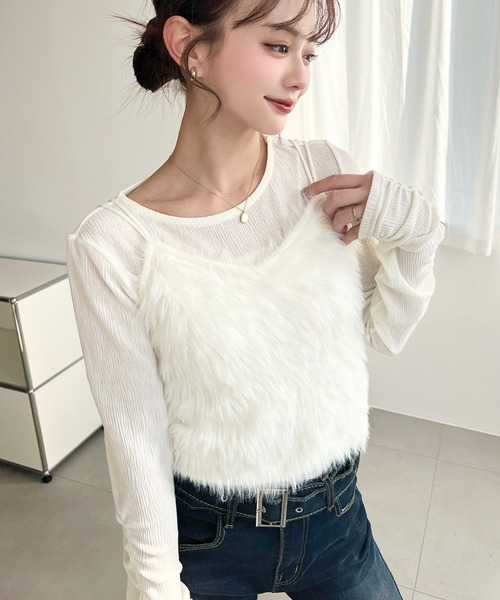 セール】Wストラップロングフェザーニットビスチェ（キャミソール