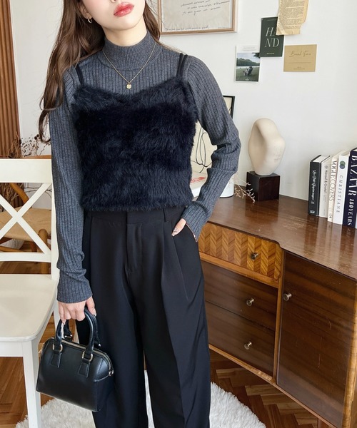 moment+（モーメントプラス）の「Wストラップロングフェザーニットビスチェ（キャミソール・レディース・グレー/ブラック/アイボリー/ミント/ピンク/レッド/モカ/ブラウン・L/M）」の14枚目の写真